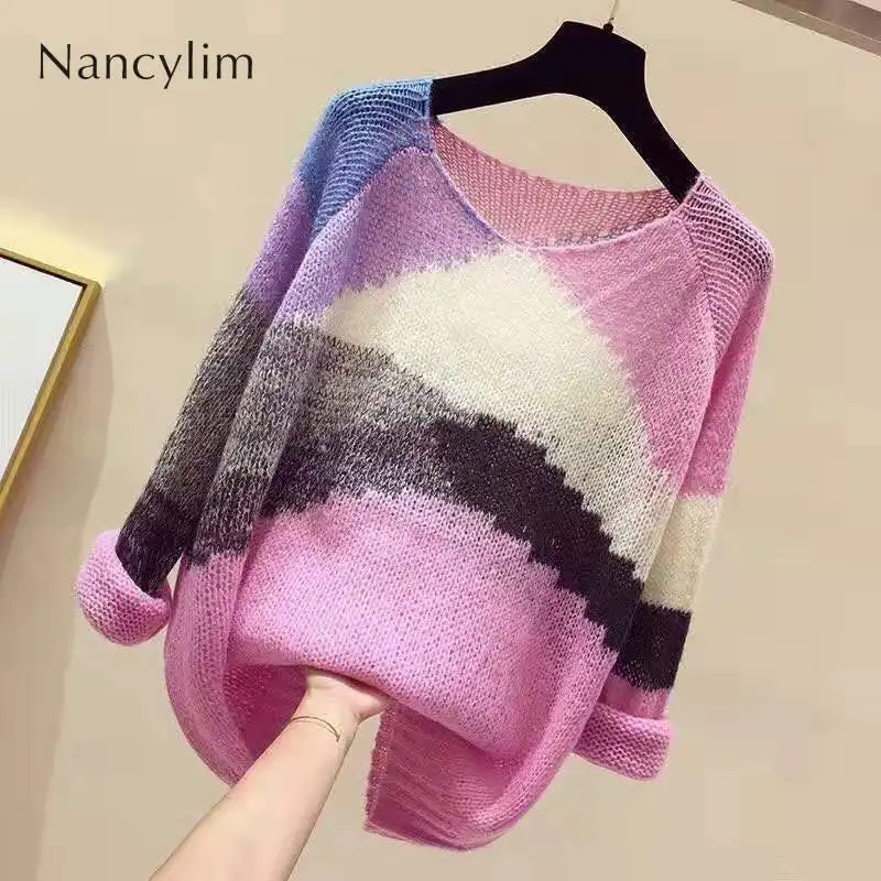 

Autumn Winter New Loose Sweater Color Patch Jumper for Women Hollowed Out Knit Shirt Pullover Long-sleeved Oversize Smock Coat