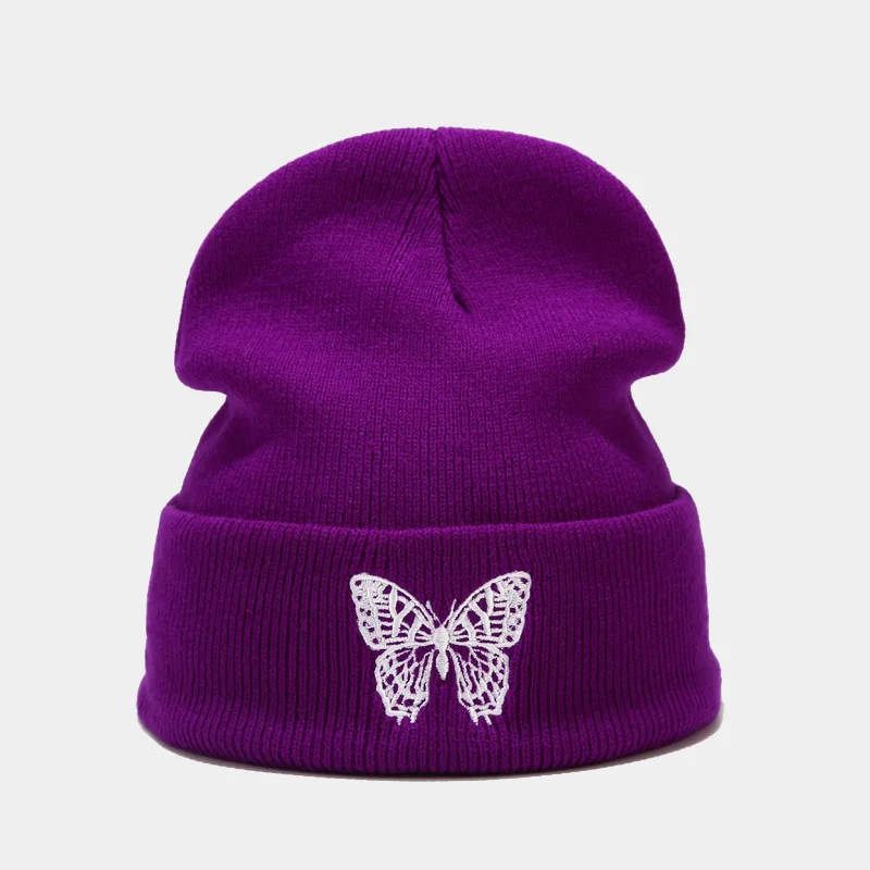 Fashion Knitted Beanies Hat Butterfly Embroidery Winter Warm Ski Hats Skullies Caps Soft Elastic Cap Sport Bonnet Men Women mens skully Skullies & Beanies