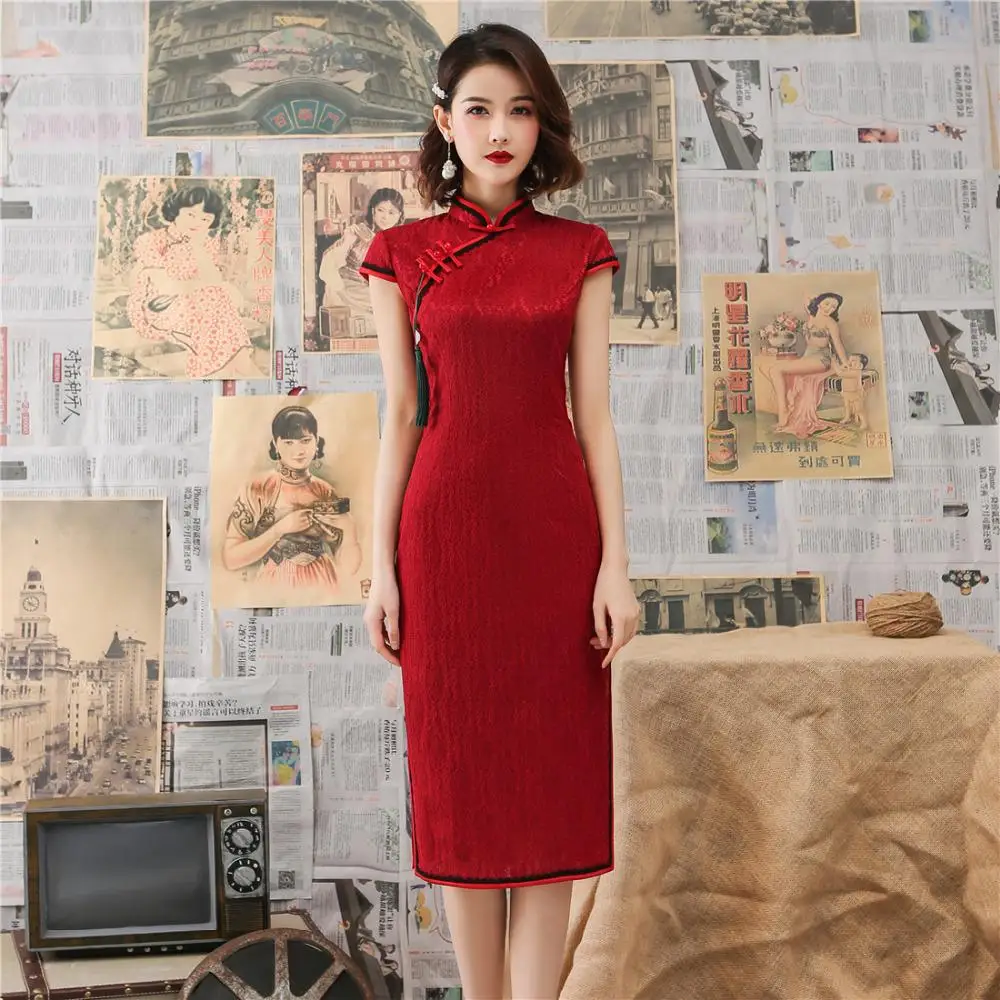 Сексуальное женское кружевное тонкое Новое китайское платье, красное свадебное платье для невесты, женское платье, новинка, Ципао, короткий рукав, элегантное платье чонсам - Цвет: Red