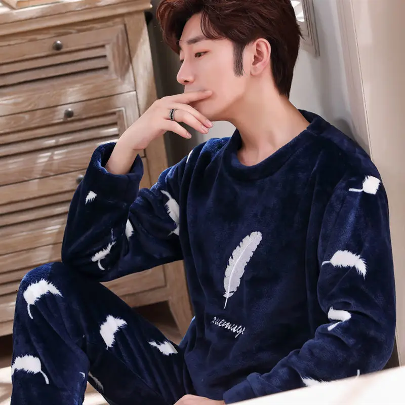 men pajamas winter Зимняя пижама с длинным рукавом, Фланелевая Пижама для мужчин размера плюс, одежда для сна, Повседневная Ночная рубашка, теплая Пижама для мужчин - Цвет: men pajamas winter