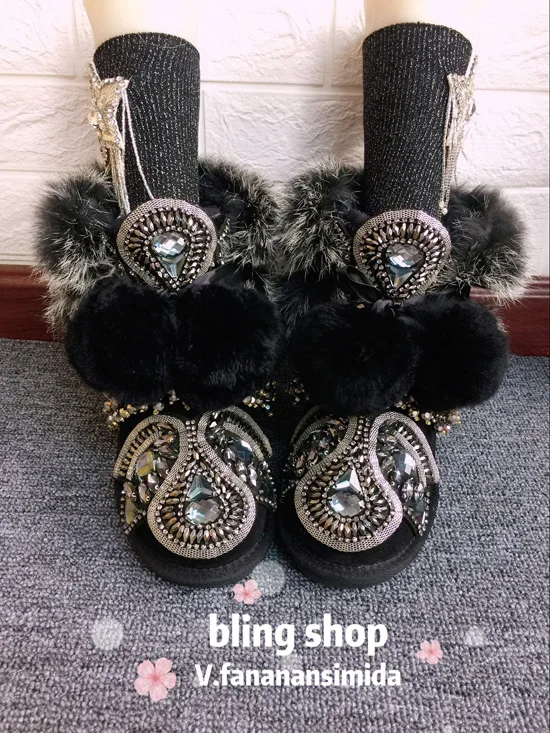 rabbit fur black homemade European station heavy work sequins rhinestone beaded leather hair one leather thick snow boots