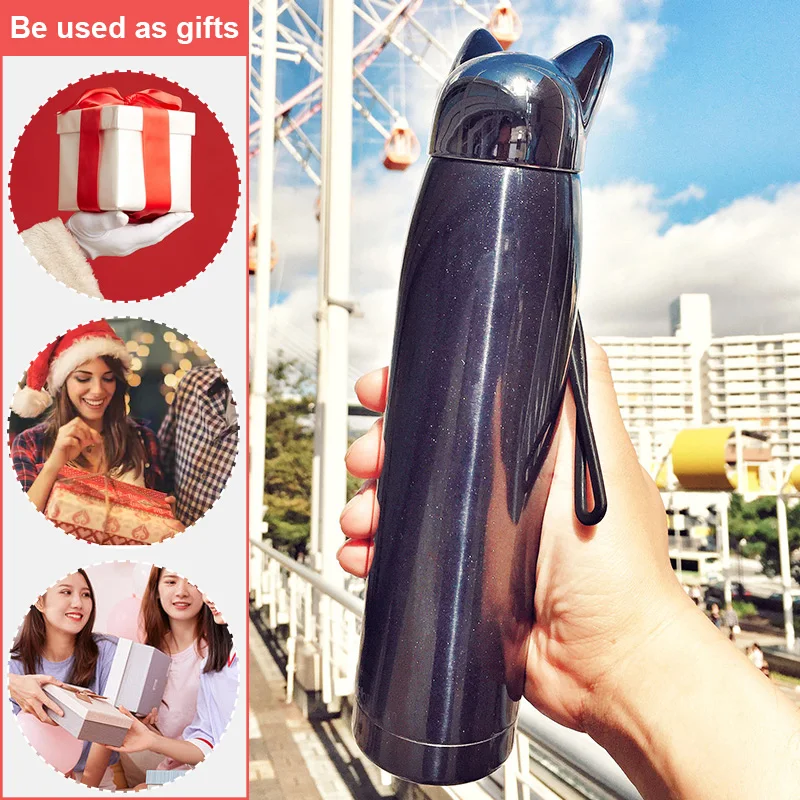 Najtaniej 320 ml 11 oz podwójna ściana butelka na wodę termos termosy ze stali nierdzewnej słodki kociak Fox ucho termiczna kawa herbata mleko kubek podróżny