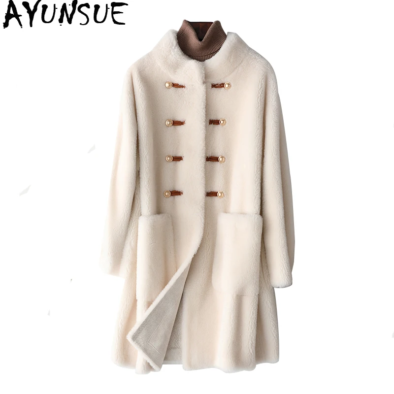 

AYUNSUE Real Sheep Shearling Fur Coat Female Jacket 2019 Winter Jacket Women 100% Wool Coats and Jackets Women Korean Jacket MY
