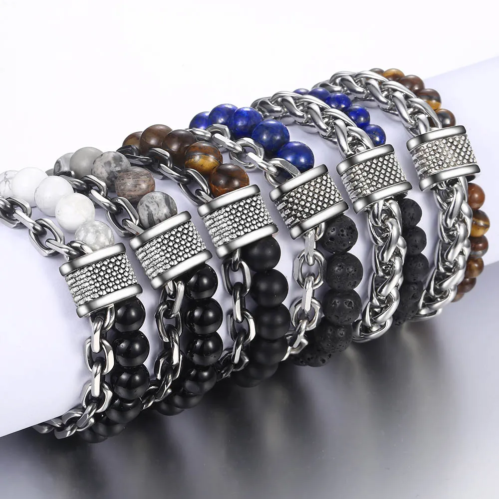Мужские браслеты, Украшенные бусинами, тигровый глаз, лава, лазурит, Gunmetal, нержавеющая сталь, очаровательный пшеничный Роло, браслет-цепочка для мужчин, LDBM47