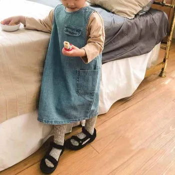 

2020 spring new Korean children jeans dress baby girls solid color loose round collar A line dress