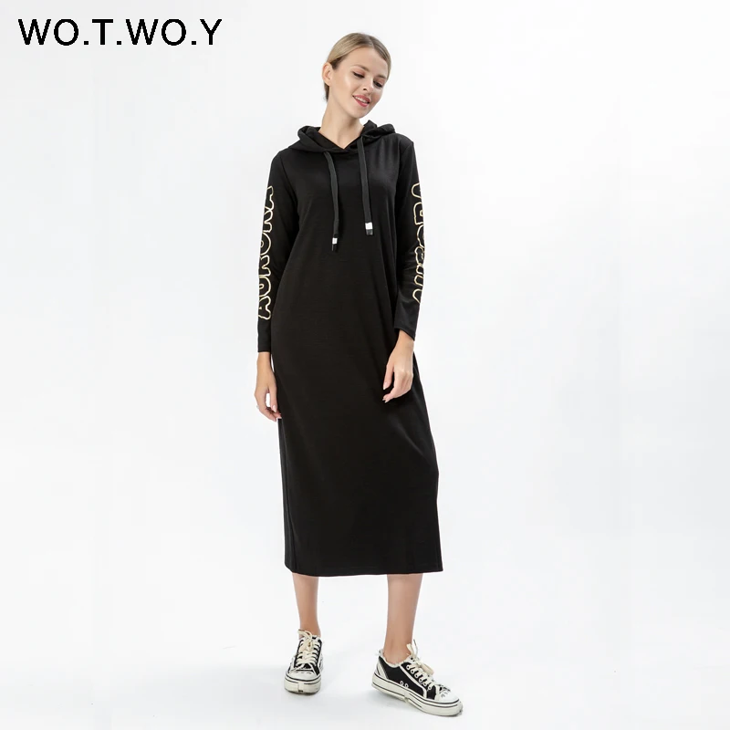 WOTWOY осенняя уличная одежда с принтом капюшоном женское платье 2019 длинным рукавом