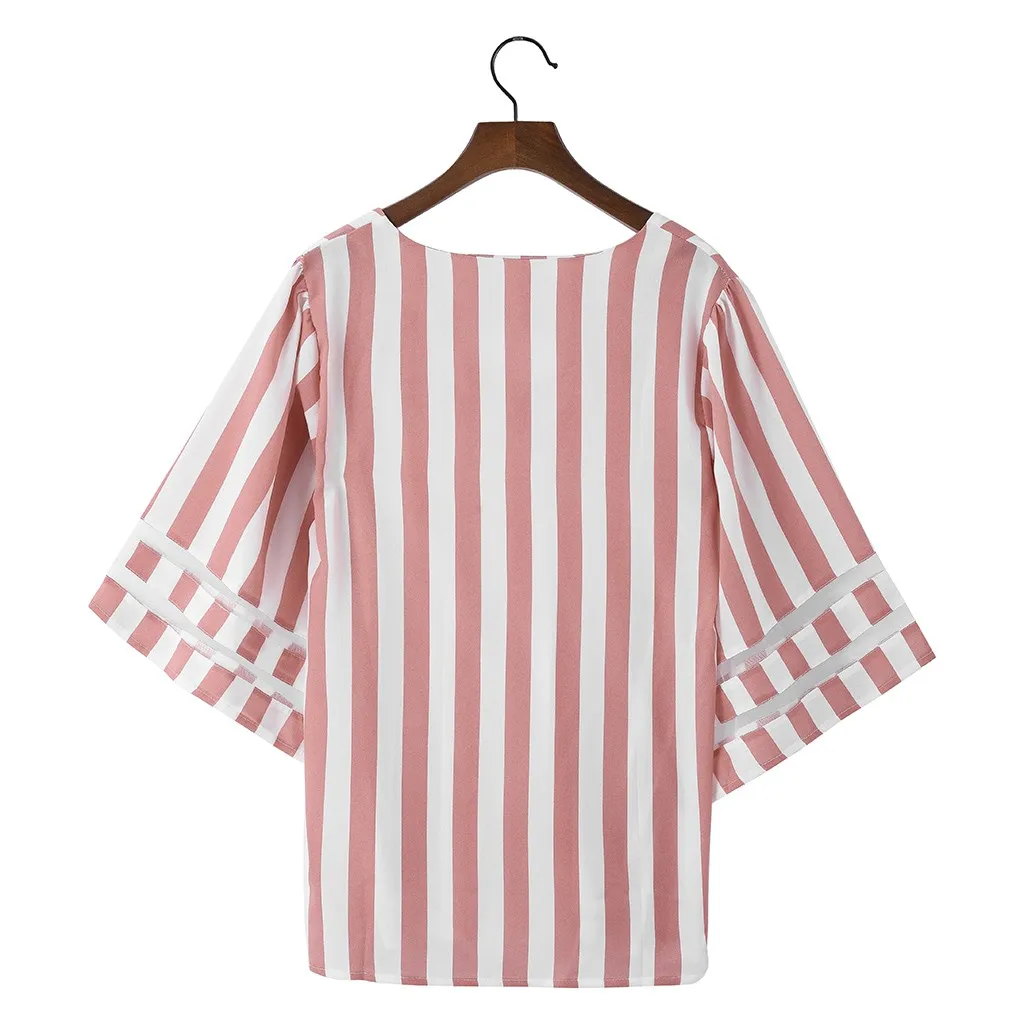 Женские рубашки с v-образным вырезом, полосатая сетчатая панель, 3/4, рукав-колокол, повседневный свободный женский топ, рубашка, Прямая поставка#30