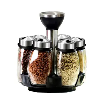 

2020 New Rotary Spice Jars Rack, Set of 6 Glass Seasoning Containers, With Rotating Rack