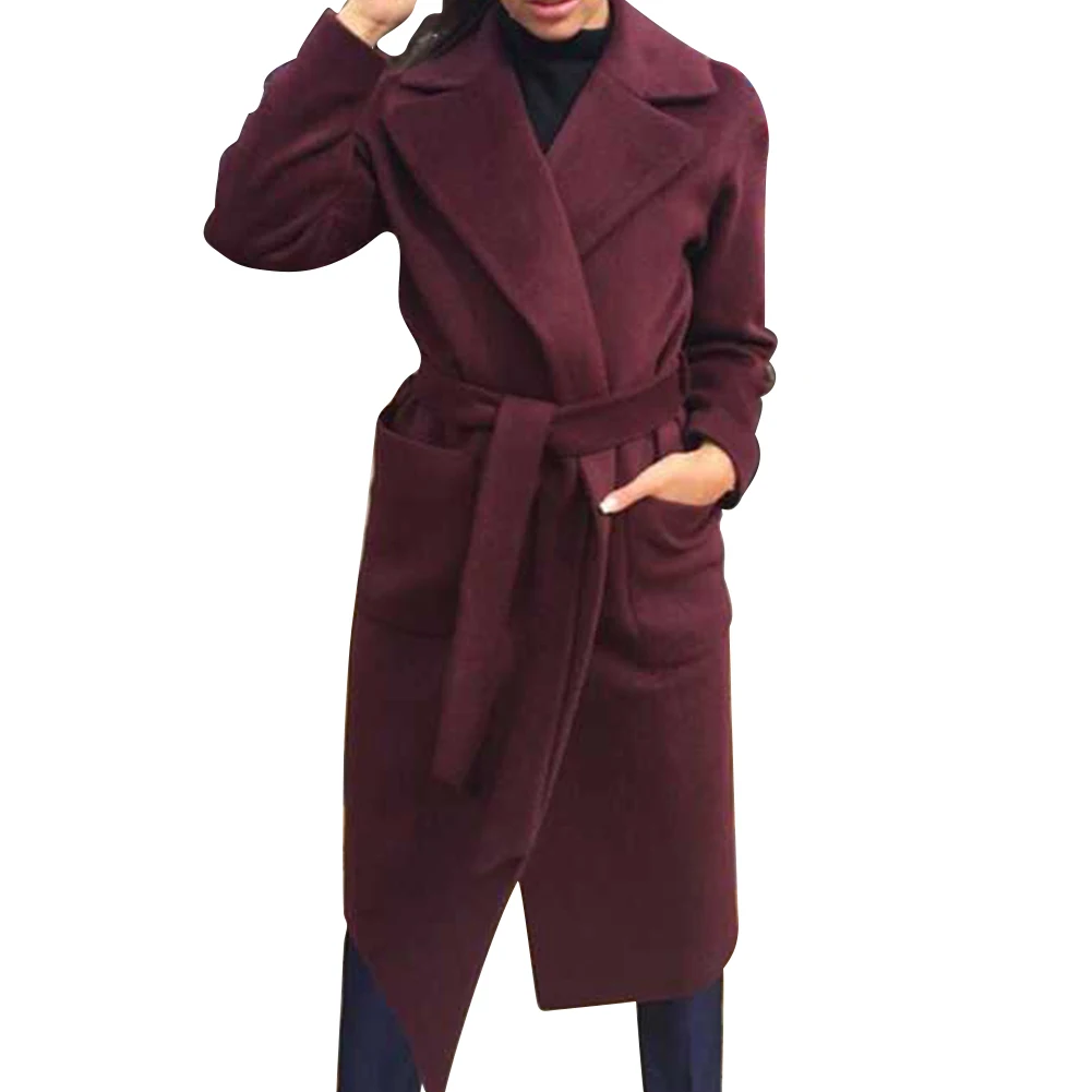 Wine Red Модная однотонная верхняя одежда из искусственной шерсти на шнуровке для покупок, длинное Теплое повседневное офисное пальто с отворотом и карманами для женщин, зимнее пальто - Цвет: Wine Red