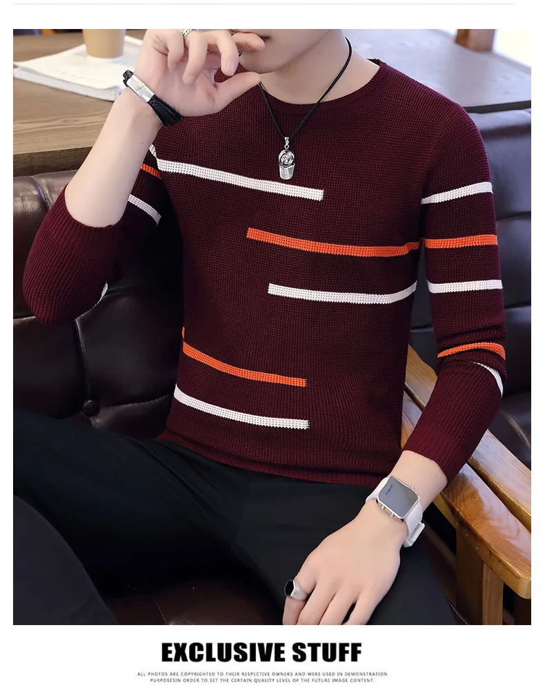 MoneRffi Autumn Fashion Casual Men's Slim New Sweater O-Neck Striped Slim Fit Knittwear Mens Sweaters Pullovers Men Pull Homme