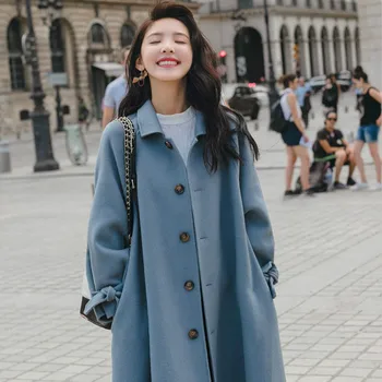 

Woolen coat female long section 2019 autumn and winter new Korean student smog blue thick Hepburn wind wool