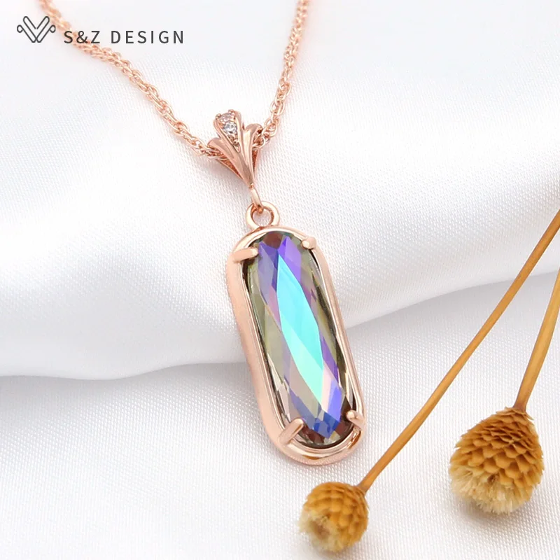 S&Z DESIGN New Oval Egg Shape Crystal Pendant 585 Rose Gold Color Cubic Zirconia Necklace For Women Elegant Wedding Jewelry