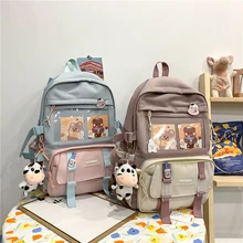 Preppy Style Large Capacity Students School Bags Casual Canvas Female Backpack Fashion Patchwork Women Knapsack with Card Badge