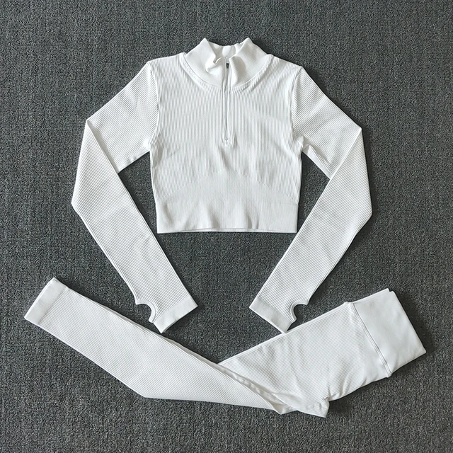 Seamless Women Yoga Set Workout Sportswear Gym Clothing Zipper Long Sleeve High Waist Leggings Fitness Bra Athletic Sports Suits LongShirtsPantsWhite