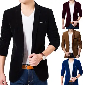 

Men Autumn Long Sleeve Lapel Collar Button Pocket Decor Velvet Slim Blazer Jacket Button Pocket Decor Velvet Slim Blazer Jacket