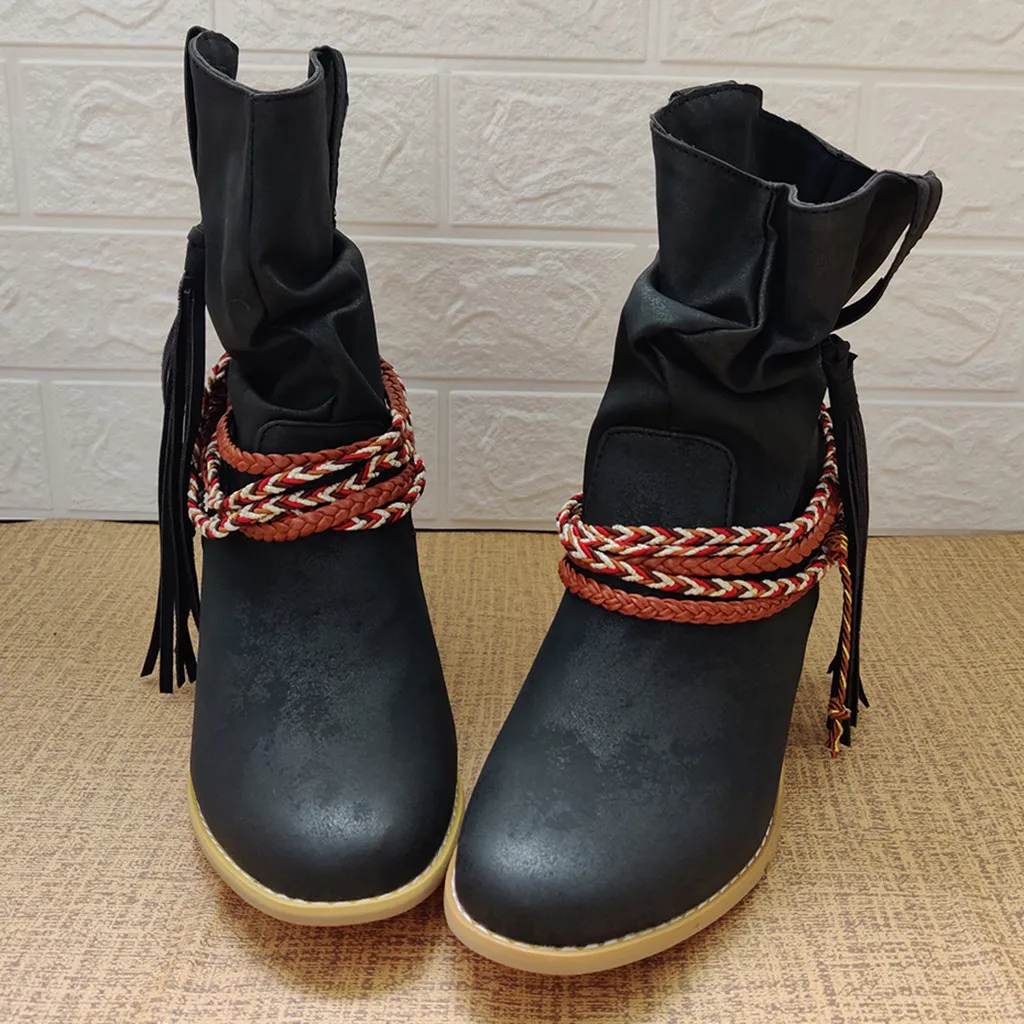 Gladiator Women's Rome Motorcycle Boots Winter Wide Calf Leather Short Boot Vintage Female Western High Heel Cowboy Shoes Tassel