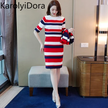 

Knitted Striped 3 Pieces Set Women Single-Breasted Cardigan + Short Sleeve Pullover Tops + Bodycon Skirt Suit Women's Sets 2020