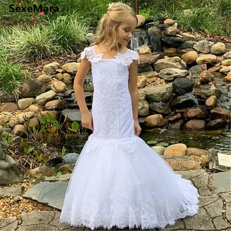 

White Mermaid Flower Girl Dress For Wedding Lace Up Back Custom Made Kids Pageant Gowns First Communion Dress