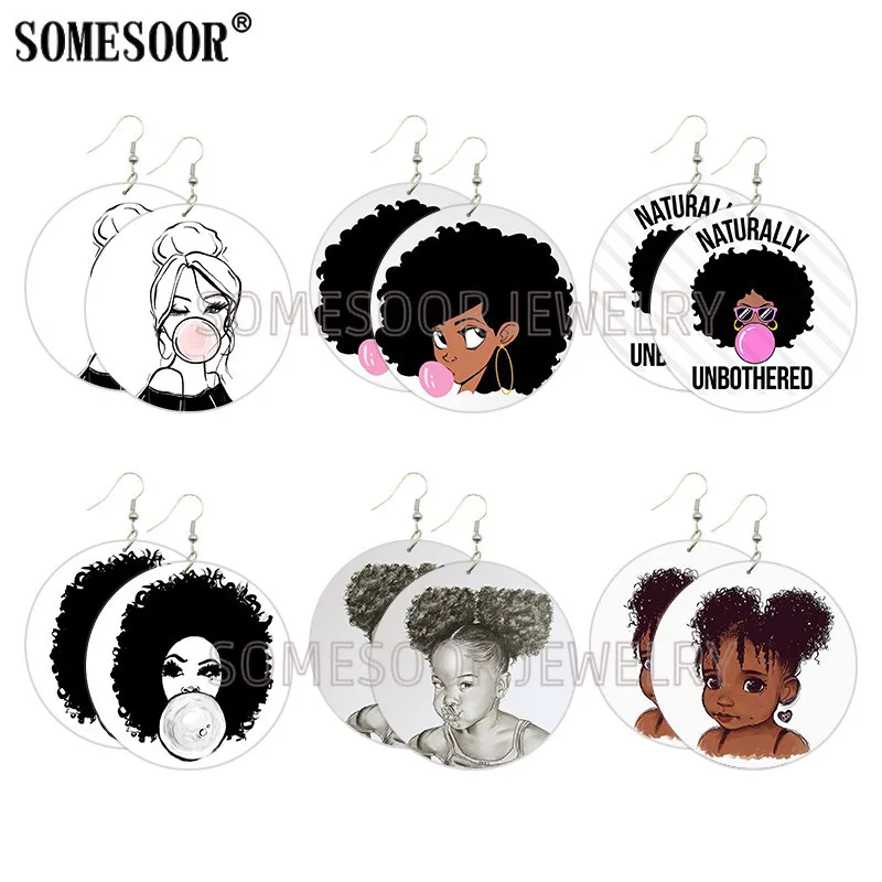 

SOMESOOR Naturally Bubble Gum Cute Baby Printed Wooden Drop Earrings Black Girl Curls Designs Loops Ear Dangle For Women Gifts