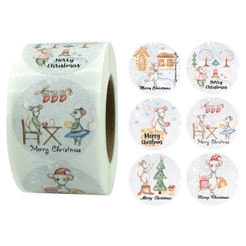 

500 pcs/roll Merry Christmas Stickers Lovely Cute Rats Xmas Mouse Candy Cookies Box Present Package Sealing Decor Decals