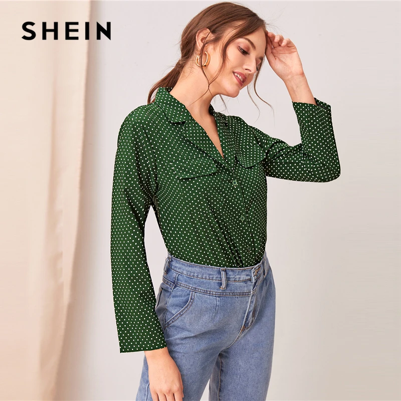Женская офисная блузка SHEIN элегантная зеленая в горошек с отложным воротником и