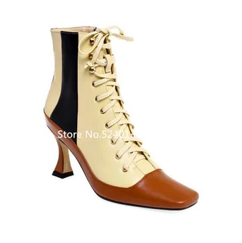 

New European Cross-tied Mixed Color Women Ankle Boots Square Toe Side Zip Short Fashion Boots Femme