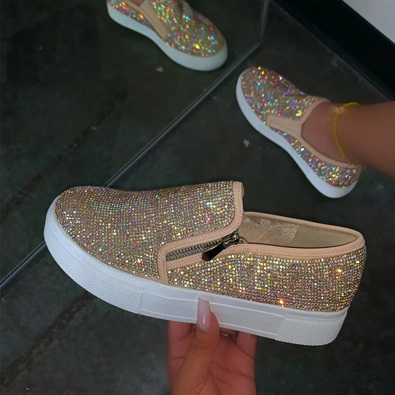 Women's  Rhinestone Sneakers 2025 Spring Fashion Zipper Slip On Lady Running Shoes Outdoor Breathable Female Comfortable Loafer 4