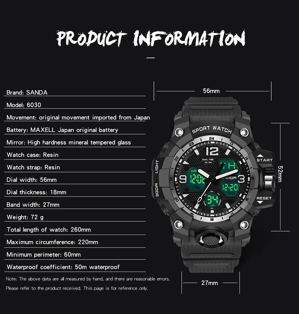 SANDA New Fashion Sport Military Men's Wrist Watch Digital Quartz Dual Display Watches Waterproof Casual Watch for Male 6030