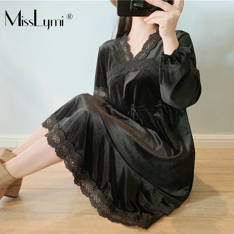 XL-5XL плюс размер женское винтажное бархатное платье осень v-образный вырез пэчворк выдалбливают Кружева Вышивка Дамы спинки платья