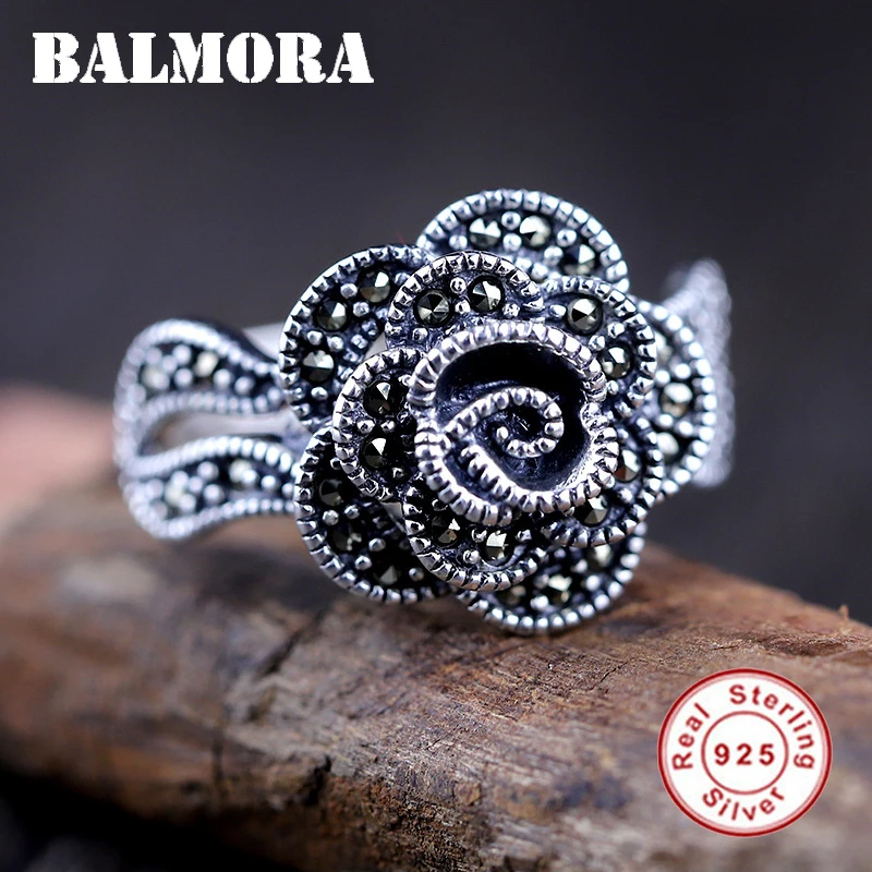 

BALMORA 925 Sterling Silver Vintage Rose Flower Open Rings for Women Lover Party Gift Mosaic Ring Ethnic Fashion Jewelry Anillos