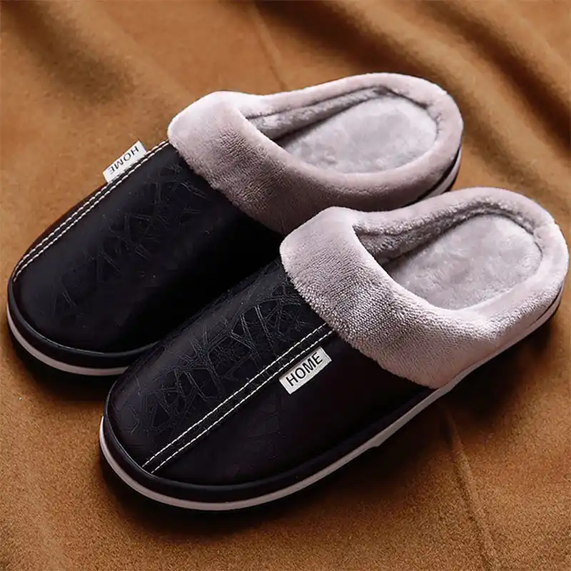 Men slippers leather winter warm house 