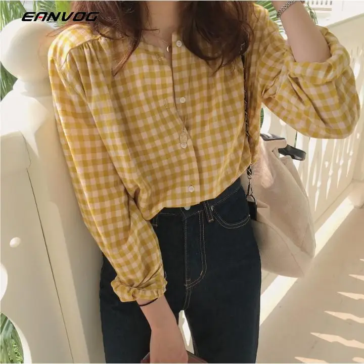 Yellow Shirt with Long Lantern Sleeve Plaid Shirts V-Neck Women Korean Fashion Work Shirt Elegant Office Ladies Casual Tops