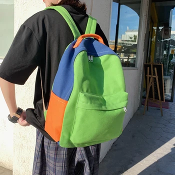 

Fashion Unisex High Capacity Backpack Stitching Color Canvas Backpacks For Women Ladies BackPack For School Teenagers Girls