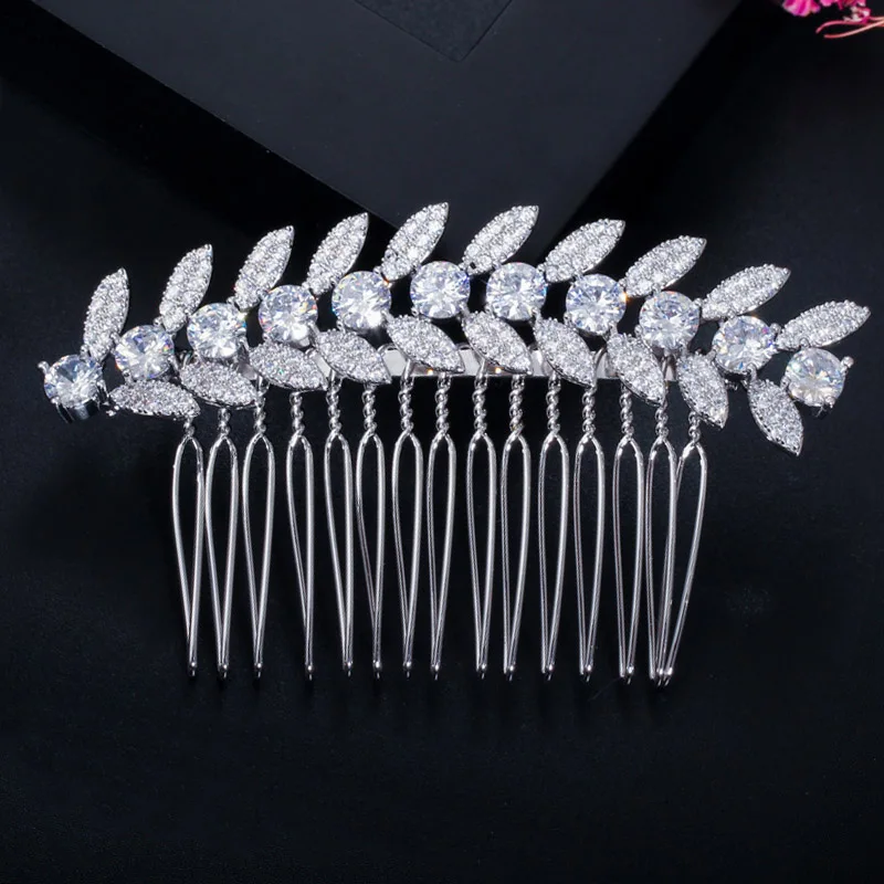 Silver Color BeaQueen великолепный золотистый цвет, Круглый кубическая циркониевая Подвеска Длинный листик волос расчески голова Свадебные украшения Аксессуары для невесты H008 - Окраска металла: Silver Color