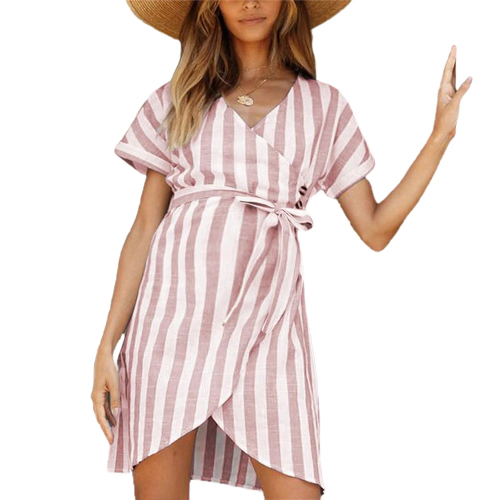 

Female Dress Striped V-Neck Short Sleeve Dress with Belt One-Piece for Pregnant Women Pink/Light Blue
