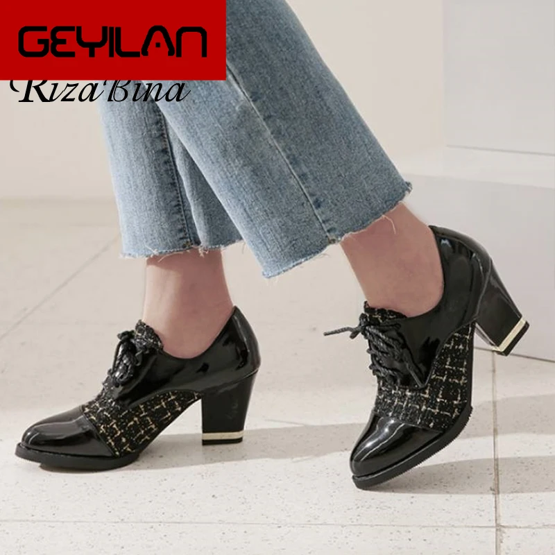 

Women Pumps Thick High Heels Women Shoes Lace Up Patent Leather Shoes Fashion Trend Office Lady Foowear Size 33-43
