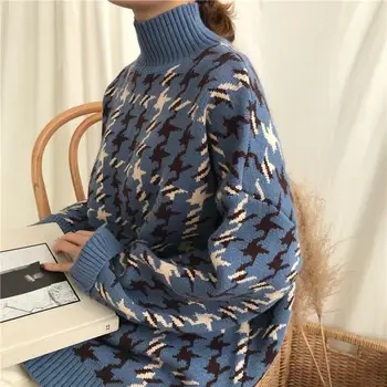 

Turtleneck Plaid Sweater Long Sleeve Loose Pullover Casual Knit Tops Ladies Causal Clothing