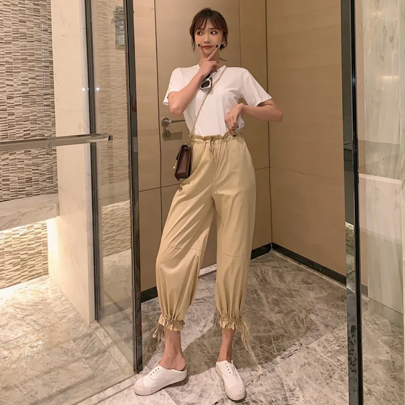 

D2pcs Harem Pants Women's Sets 2019 New Summer Elegant Fashion Design O-Neck Solid T-Shirt Top And Ankle-Length Harem Pants Set