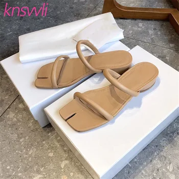 

Square Crack Toe Flat Slippers Women Casual Comfort Beach Shoes Ladies Apricot Black Leather Mules Shoes Women Zapatos De Mujer