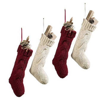

Woolen Hand Knitting Christmas Socks Christmas Gift Bag Candy Bag Decorative Socks Red and White 4 Pack