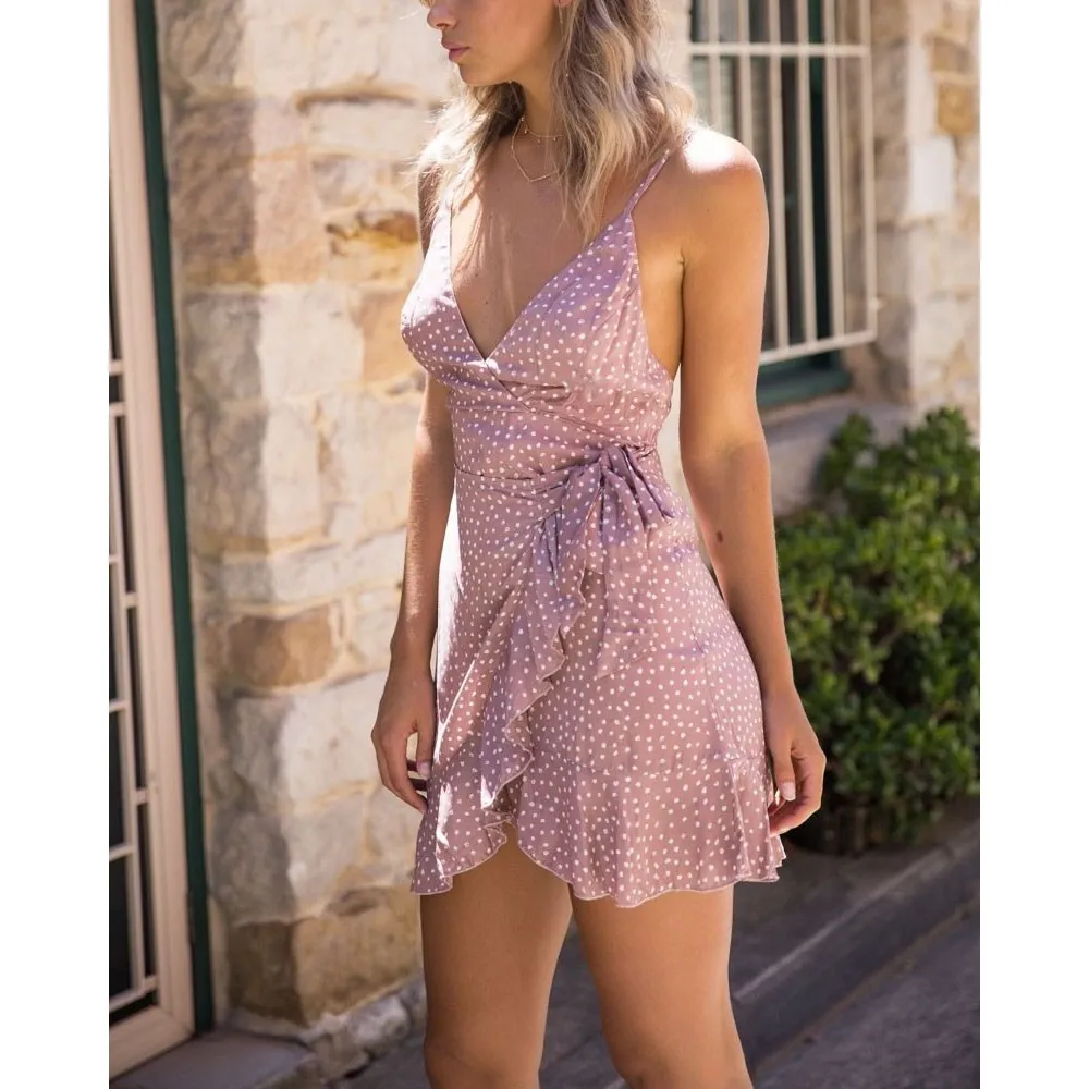 

Summer Beach Floral Print Dress Bohemian Women Boho Ruffles Strap Mini Dress V-Neck Bow Lace-Up Backless Dress