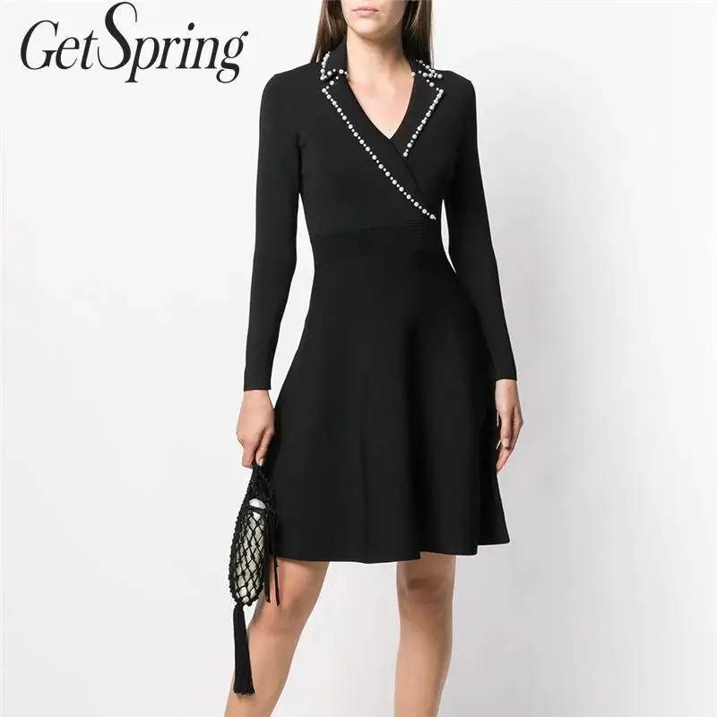 

GetSpring Women Dress Notched Long Sleeve Knitted Dresses Beading Black Vintage Dress Temperament Knit Bottoming Dresses 2019