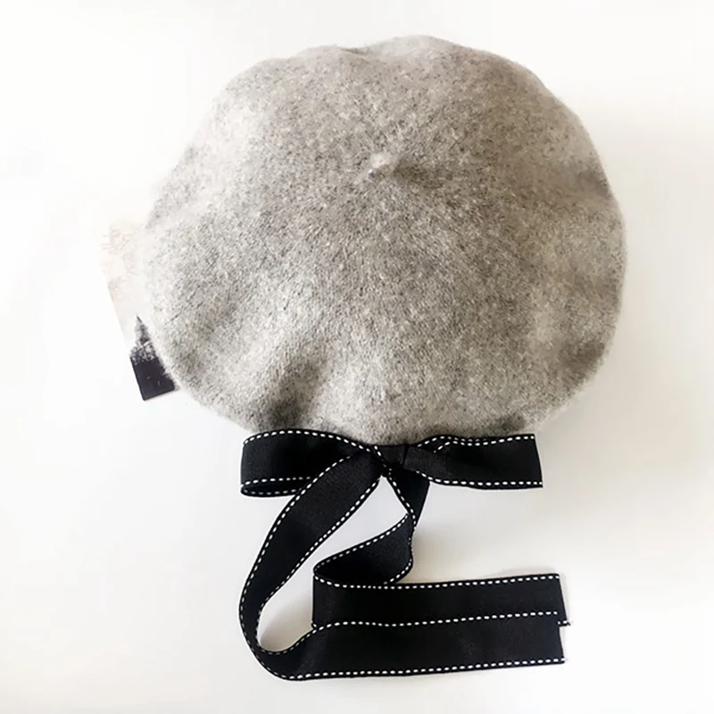 Теплый шерстяной берет с бантиком, Корейская версия, женская осенняя и зимняя меховая шапка для художника, один размер, для взрослых