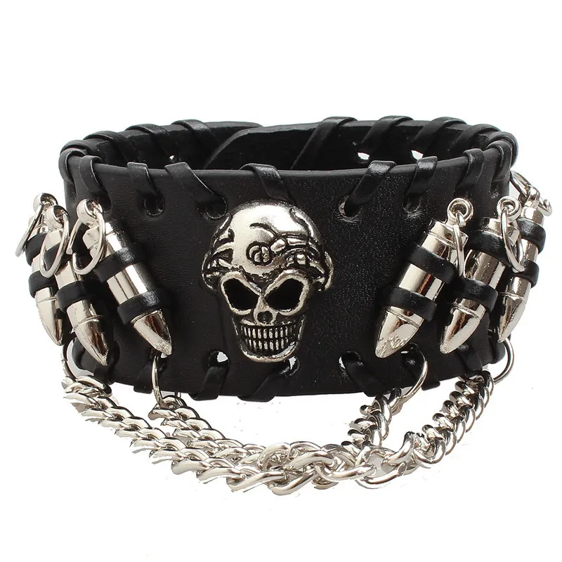 Fashion Gothic Punk Skull Metal bullet Leather Bracelet Men Bracelets & Bangles Male Arm Jewelry Red and black 2022 Accessor 4