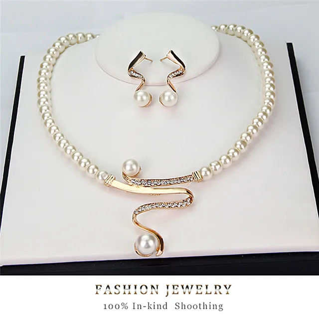 3pcs/set Women Bridal Elegant Wedding Party Pearl Rhinestone Necklace Earrings Jewelry Set New Fashion 1