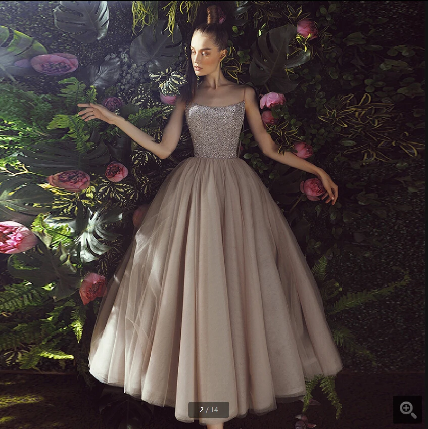 

Robe de soiree grey ball gown spaghetti straps long prom dress heavily beading scoop neck elegant prom gowns party dress on sale