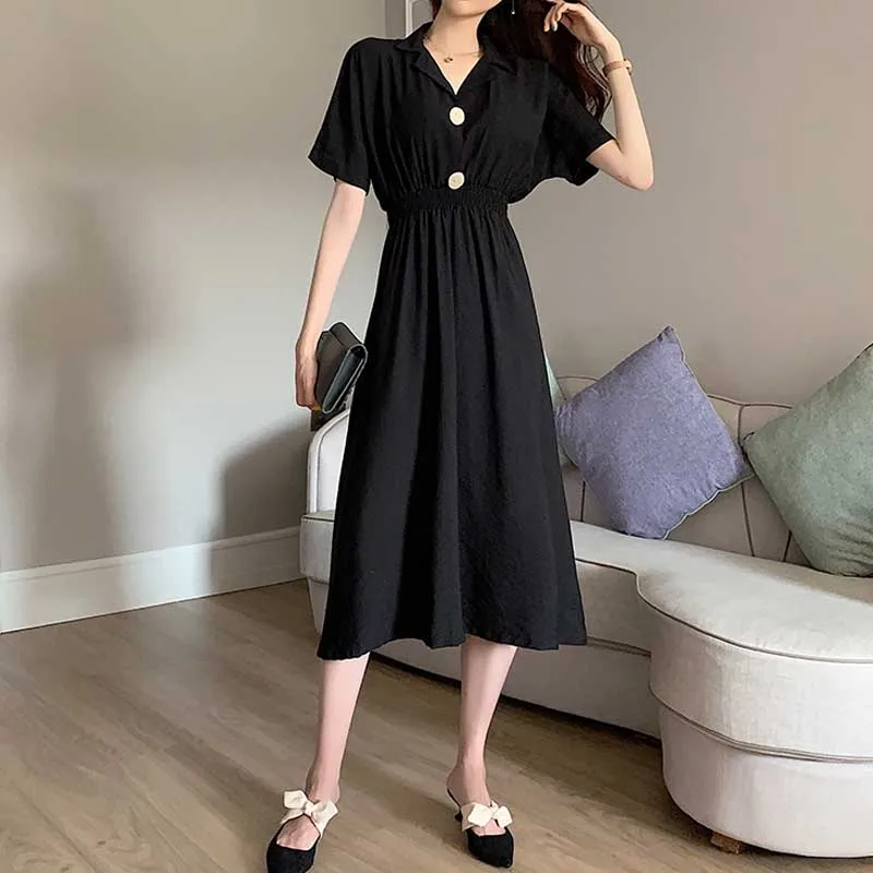 Vintage Summer Office Dresses For Female One-Piece Elegant Lapel Waist Dress Women Fashion Korean Plus Size Dress Vestidos 2020