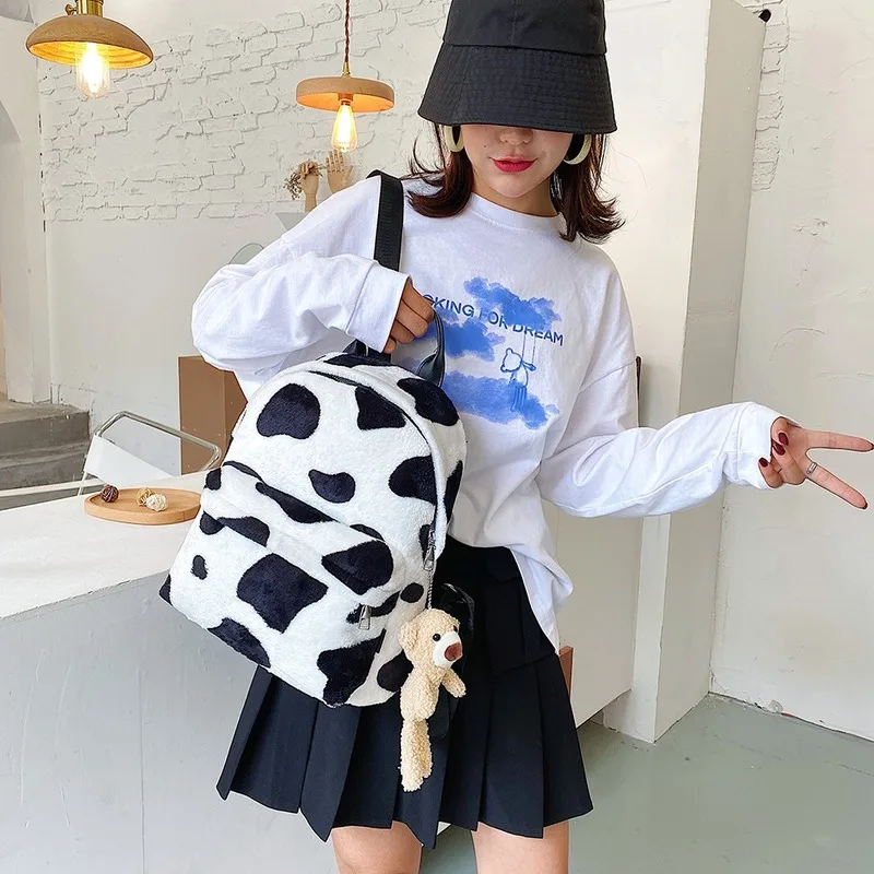 

Animal Pattern Women Plush Backpack Autumn And Winter School Shoulder Bag Cow Zebra Pattern Travel Rucksack Lady Students 2020
