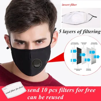 

Black PM2.5 Breathable Face Mask Windproof Replaceable 5 Layers Activated Carbon Filter Dustproof Haze Valve Mouth Masks