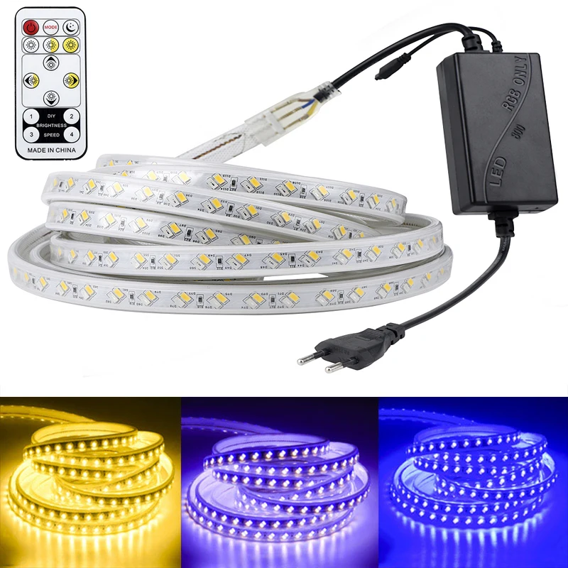 

220V LED Strip 5050 Flexible LED Tape Light Outdoor IP65 Waterproof RGB LED Strip Light Dimmable with Remote 1m 2m 3m 4m